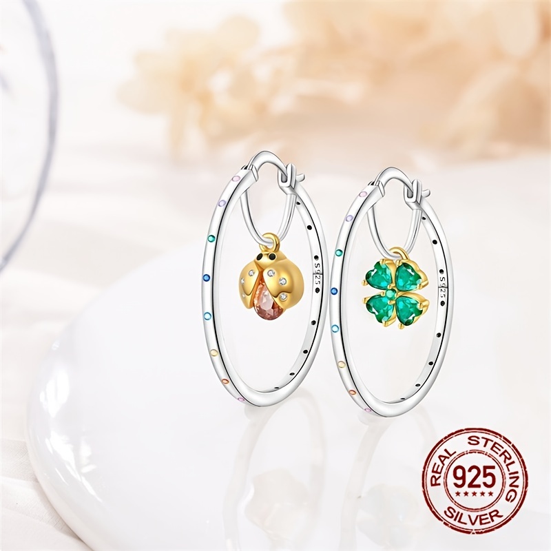 S925 Sterling Silver Clover Ladybug Earrings & Double Layer Hypoallergenic